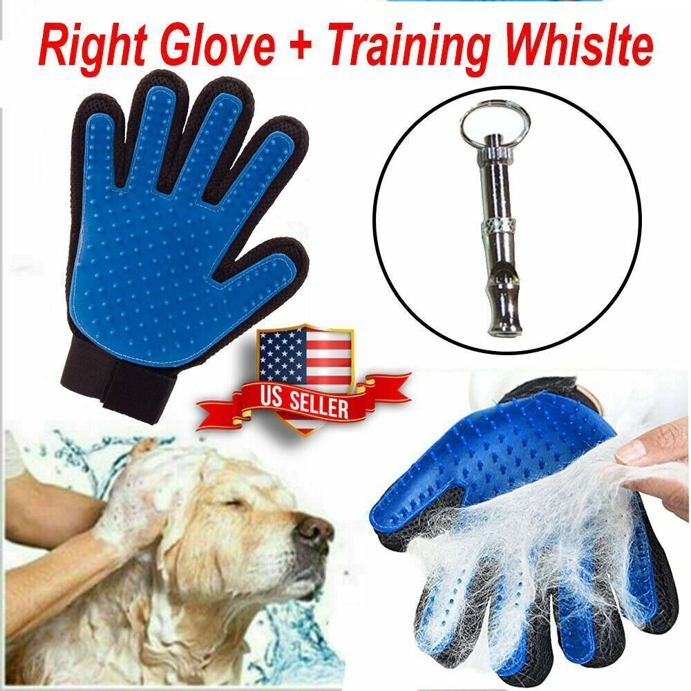 Gentle Deshedding Hair Fur Removal Pet Grooming Glove with Training Whistle