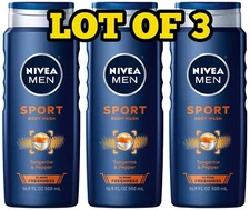 3 Pack: Nivea Men 3 in 1 Sport Body Wash - Body, Face & Hair - 16.9 fl oz