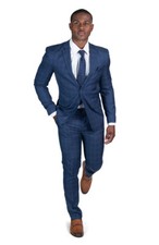 Slim Fit 2 Button Men Plaid Windowpane Navy Blue Suit Notch Lapel AZAR MAN 18335