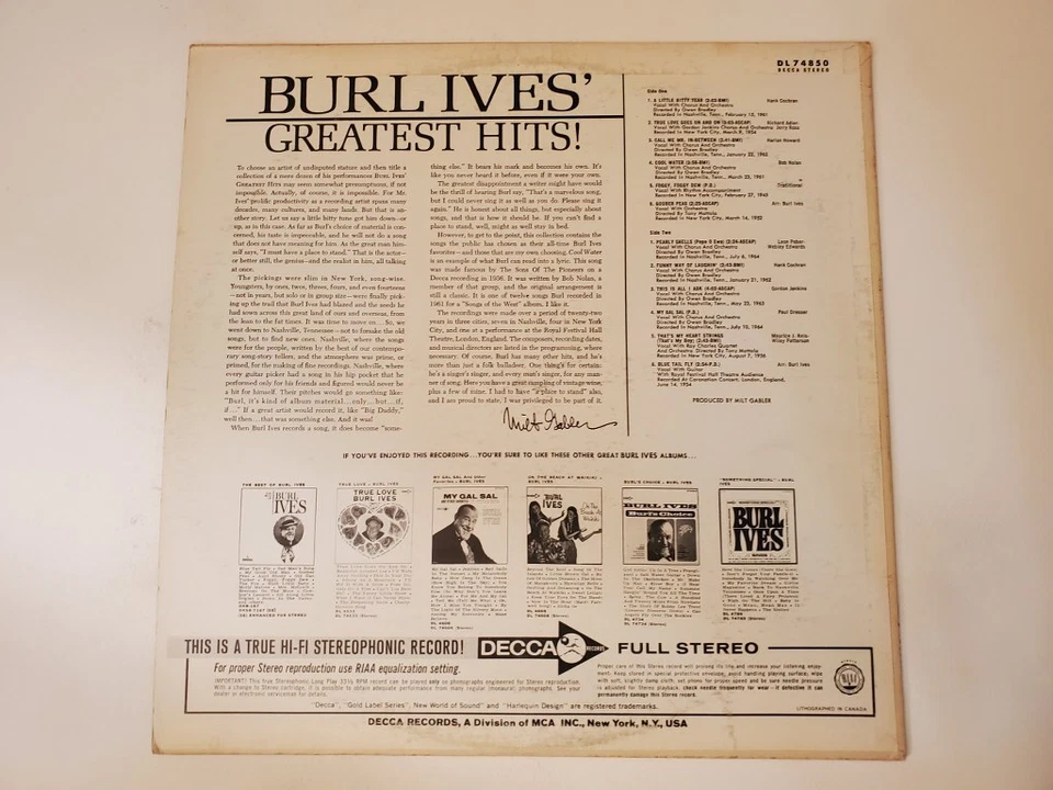 Burl Ives - Greatest Hits (Vinyl Record LP) - Image 2 of 2