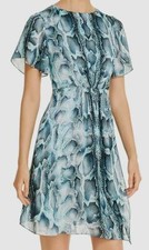 $1099 Elie Tahari Womens Blue Short-Sleeve Pleated Silk Satin Shift Dress Size 8