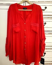 I.N. Studio NEW Artsy Boho Red Lace Pleat Rounded Hem Lightweight Top Plus 3X