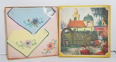 Vintage Set (3) Orlana Cotton Embroidered Red Yellow Blue Hankerchiefs Flowers
