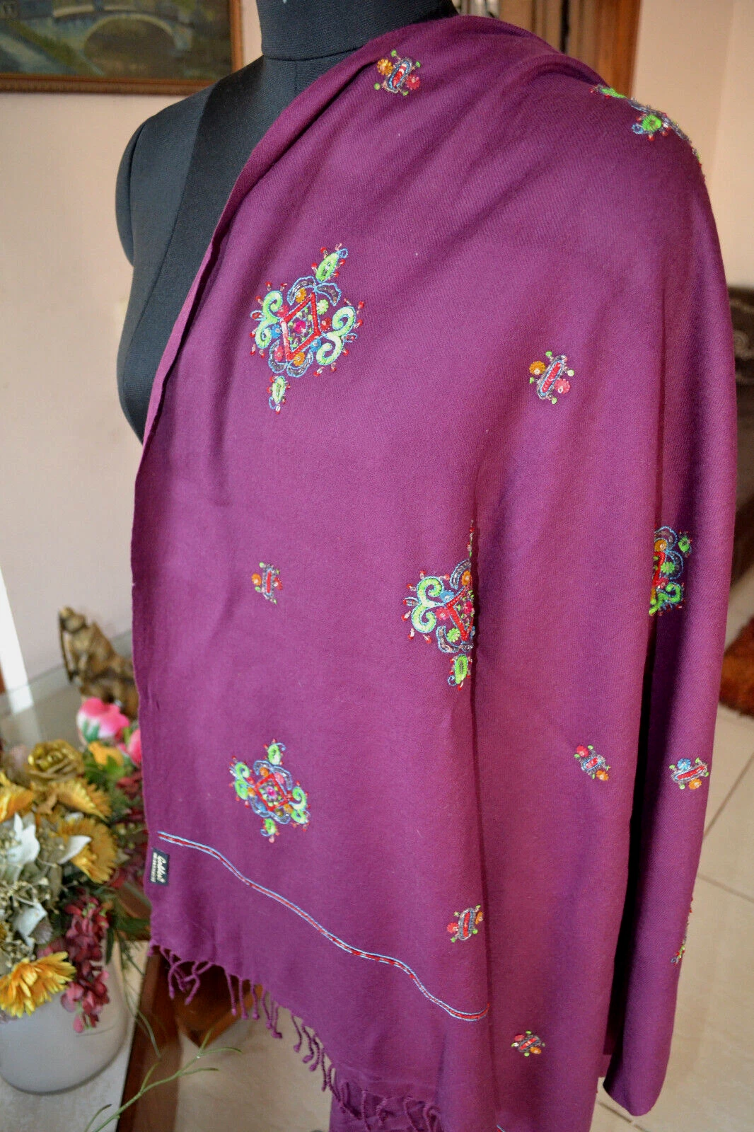 BEADED EMBROIDERY STOLE ~ VIOLET 100% CASHMERE PASHMINA:12 DESIGN CHOICE