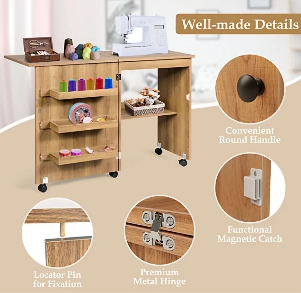 Folding Sewing Table 2 IN 1 Rolling Craft Table Home Office Desk