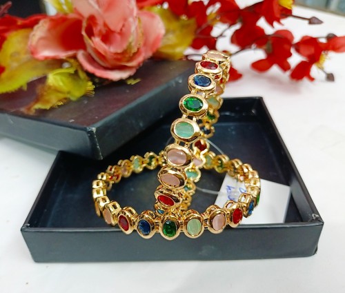 Indian CZ Multi Stone Studded Bangles Bracelets Gold Plated Party Wear Jewelry - Picture 5 of 6