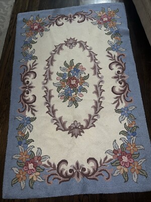 Rectangular Hooked Rugs Vtg Handmade Hooked Rug Wool Multicolor Floral 64x 42