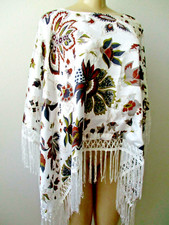 Colleen Lopez Floral Poncho One Size White Multi Color Kimono Sleeve NWT