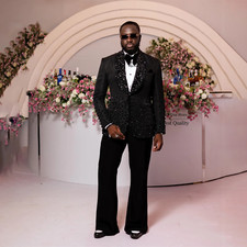 Luxury Beaded Crystals Men's Wedding Suits Black Dinner Groom Tuxedos 2 Pieces