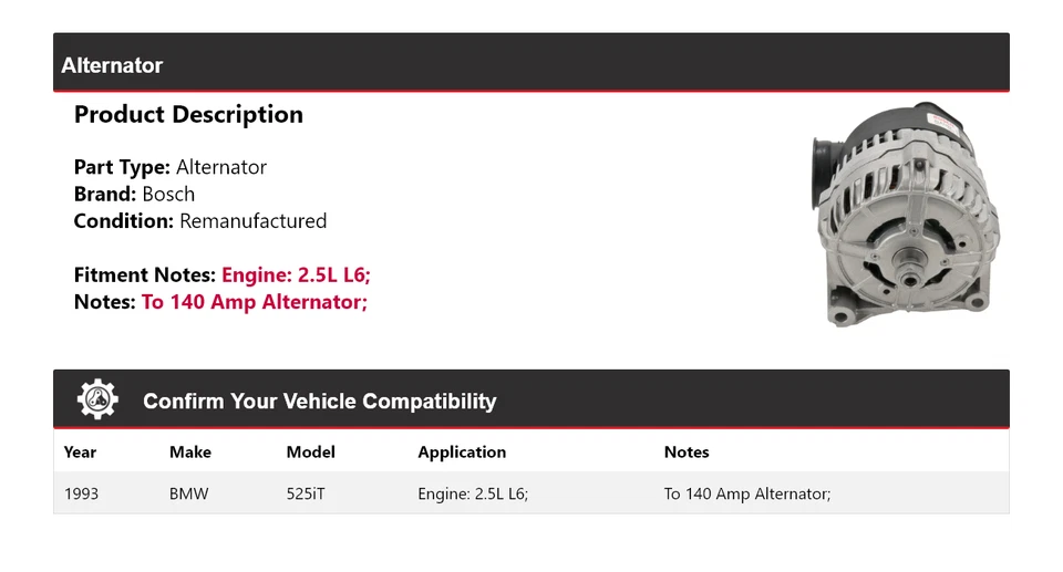 For 1993 BMW 525iT 2.5L L6 Bosch Alternator (Remanufactured) - Image 2 of 4