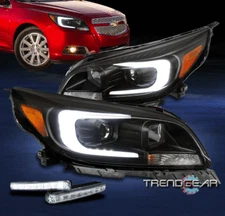 For 2013-2015 Chevy Malibu LED Black Halogen Projector Headlights w/Bumper DRL