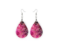 Magenta and Gold Swirl Print Wood Dangle Teardrop Print Earrings Jewelry