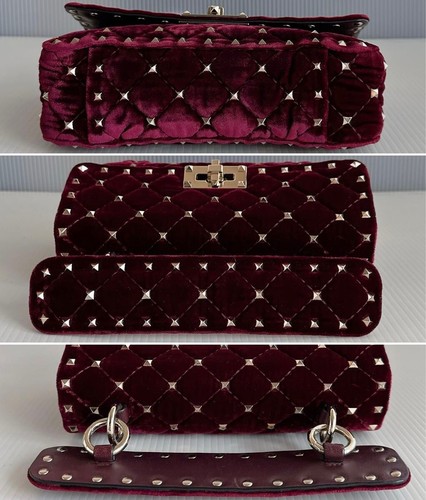 VALENTINO GARAVANI Bordeaux Red Velvet Leather Rockstud Chain Shoulder Bag JAPAN - Picture 6 of 9