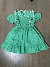 Vintage Handmade Girls Dress Green Floral Lace Ruffle Tie Collar Puff Sleeve