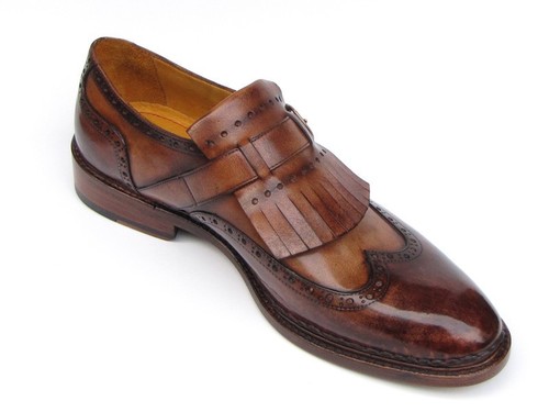Paul Parkman Men's Wingtip Monkstrap Brogues Brown Hand-Painted Leather Upper Wi - Picture 5 of 6