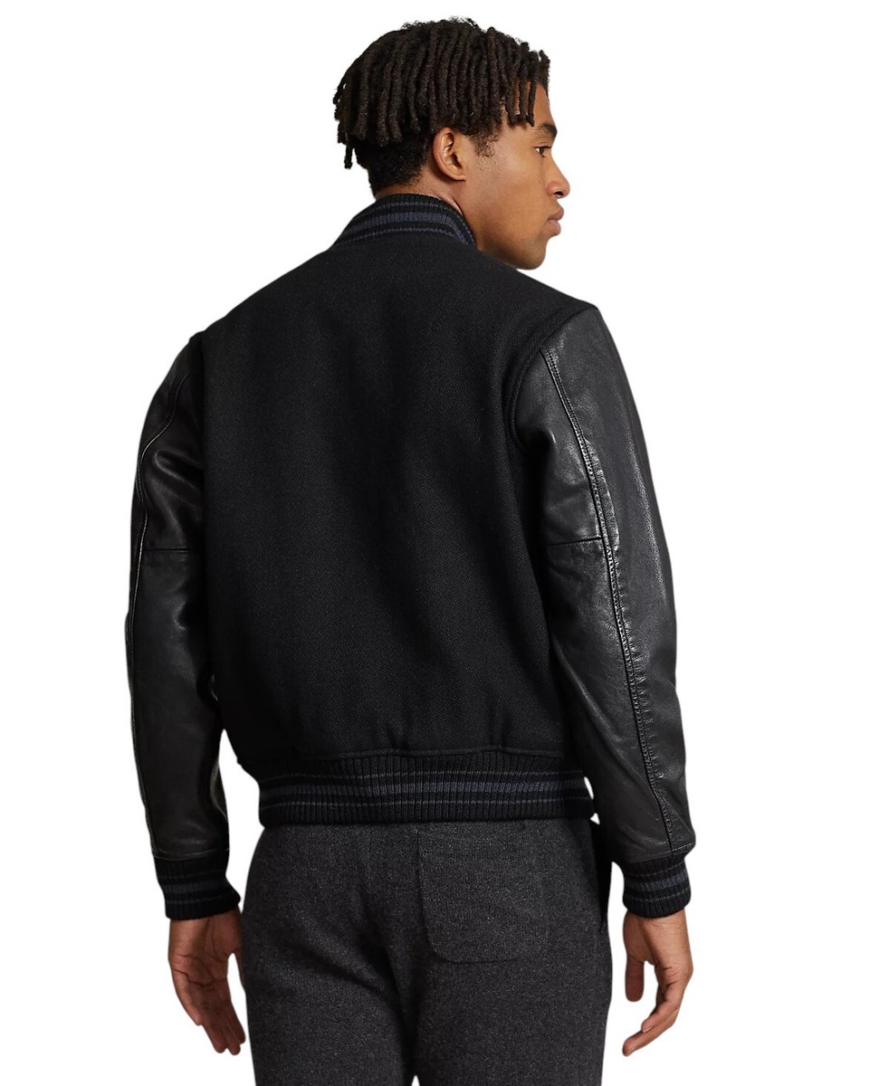 Polo Ralph Lauren Black Wool Leather Iconic Letterman Varsity