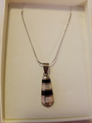 Vintage Native Sterling Silber Halskette mit Perle und schwarzen Onxy Intarsien 