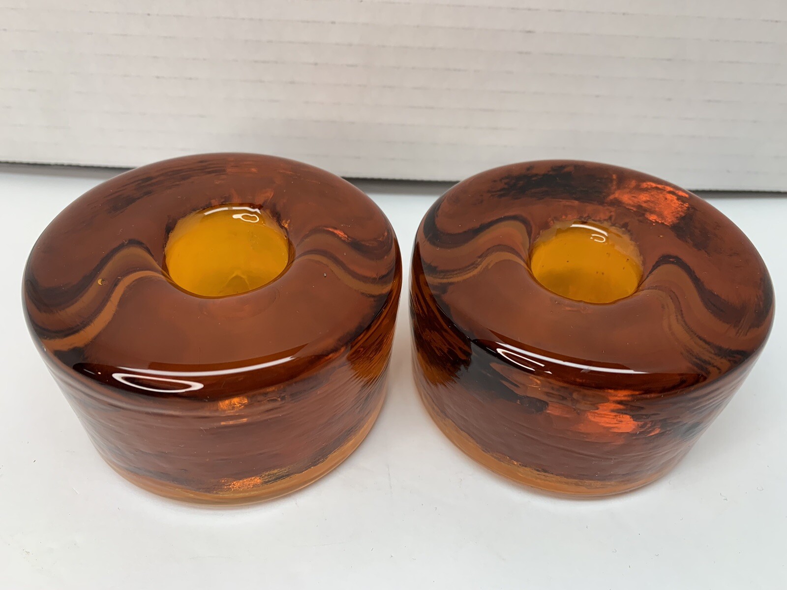 2 Vintage Blenko Amber Glass Taper Candle Holders Set Hockey Puck