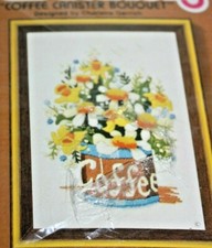 Vintage SUNSET DESIGNS Jiffy Stitchery Coffee Canister Bouquet 230
