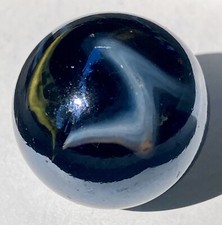 Vintage Estate Large Shooter Marble Dark Iridescent Glass W/Yellow White Swirls