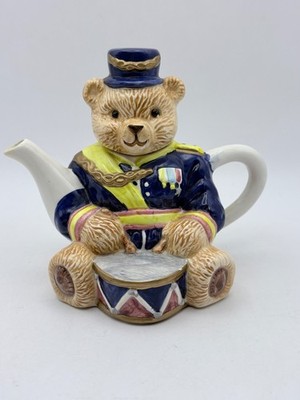 Vintage 1996 Small Single Cup Teapot Teddy Bear Playing Drums; 4.5'' Tall
