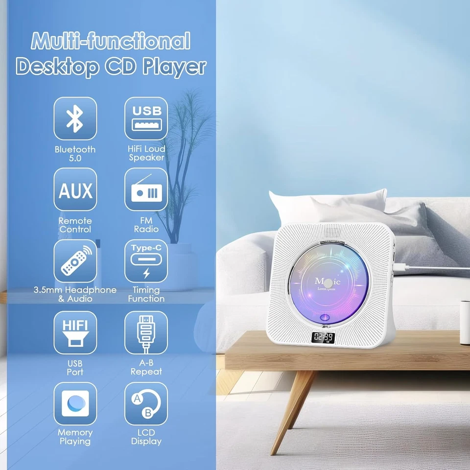 Bluetooth MINI CD Player eingebauten HiFi Lautsprechern Desktop CD-Player DE - Bild 2 von 4