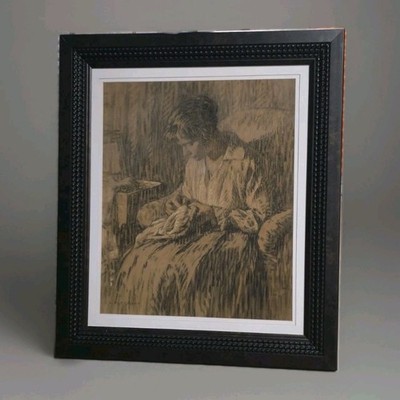 Original Louis Clermont Charcoal Drawing ''Woman Sewing'' Signed Framed French Art