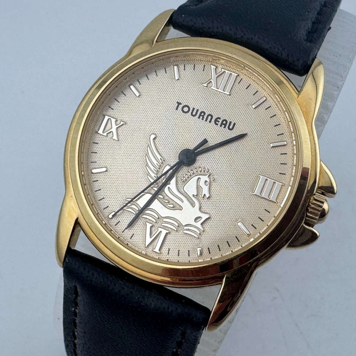 Tourneau Pegasus Watch Women 30mm Gold Tone Black Leather 30M New Battery 8.25\