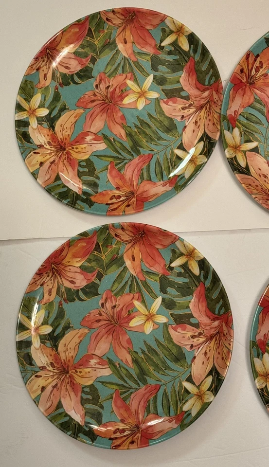 Tommy Bahama Melamine Dinner Plates 11" Hibiscus Tropical Flowers Set Of 4 EUC - Image 3 of 4