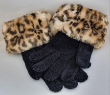 LEOPARD Faux FUR Cuffs BLACK WINTER GLOVES One Size Fits Most STRETCH KNIT