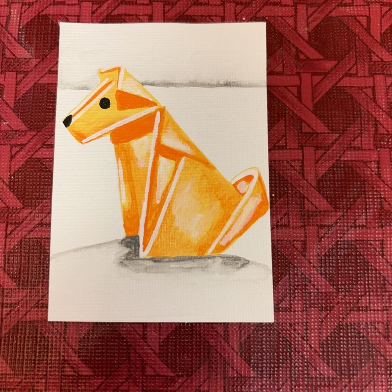 ACEO Original Acrylic Painting Art Card Hand Origami Dog Puppy  2.5 X 3.5 Signed