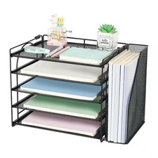 Black 5-Tier Desktop Paper File Organizer with Removable File Holder, Metal Mesh