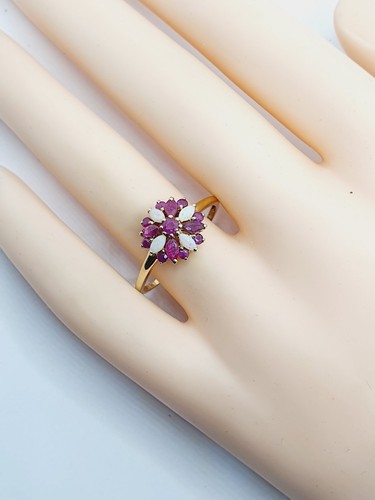 QVC Beautiful 9ct Ruby Opal Marquise Cluster Flower Yellow Gold 375 Ring Size V - Picture 20 of 24