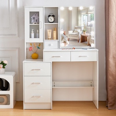 6 Drawer Vanity Desk with Mirror Warm/Cold/Natural LED Makeup Vanity Table White