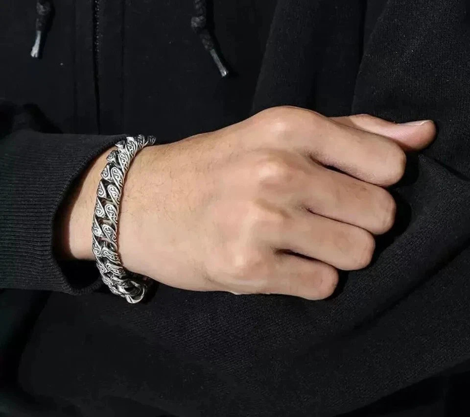 Pulsera cubana trenzada de acero inoxidable 316L maciza grabada para hombre joyería regalo Foto 3 de 4