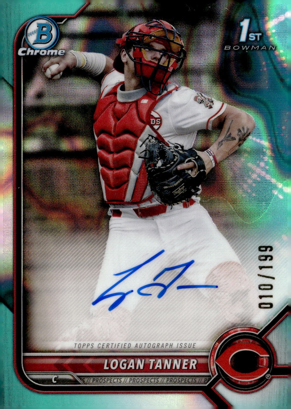 2022 Bowman Draft #CDA-LT Logan Tanner Chrome Draft Pick Auto Aqua Lava #/199