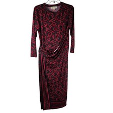 Michael Kors Dress Women's Large Red Black Lace Print Faux Wrap Midi Long Sleeve