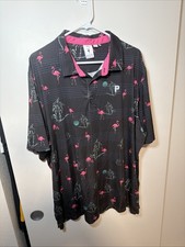 Puma Palm Tree Crew Golf Shirt Black Print Button Down Tropical Flamingo XXL