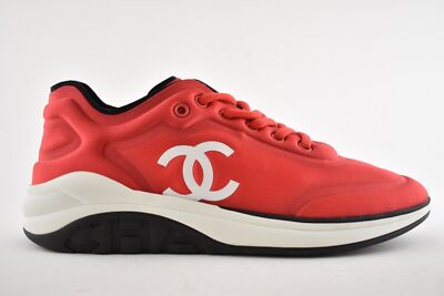 Chanel 19P Red Lycra White Black CC Logo Lace Up Low Top Trainer