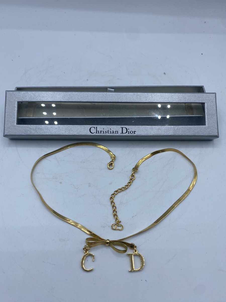 Christian Dior Vintage Bow Choker Necklace Logo CD Charm Gold  Chain-Original Box