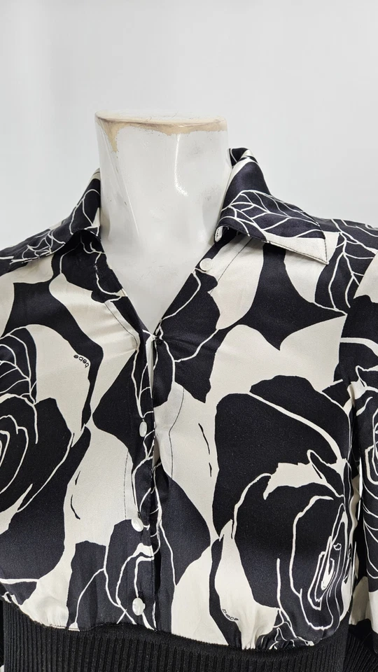 Camisa para mujer Bebe extra pequeña seda vintage estampado rosa negro blanco Foto 3 de 4