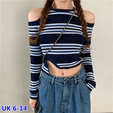 Women Off Shoulder T-shirt Knitted Stripe Pullover Sexy Jumper Plus Size