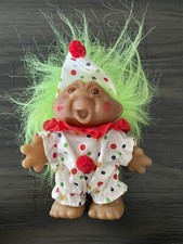 VTG Dam Troll Doll Polka Dot Clown Outfit Green Hair Amber Eyes 1986 5"