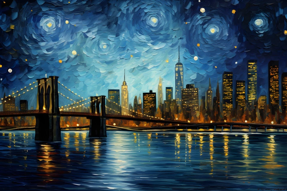 Arte de pared en lienzo enmarcado pintura puente de Brooklyn ciudad de Nueva York | estilo Van Gogh Foto 3 de 4