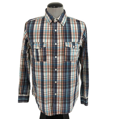 Seven 7 Brand Shirt Mens M Blue White Plaid Roll Tab Button Up Size Medium