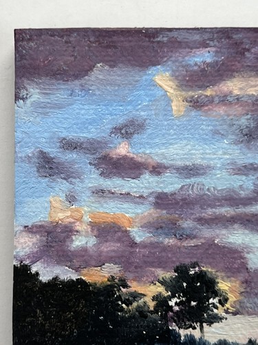 J R Baldini Oil on Canvas Plein Air Painting Sunset Dusk Colorful Clouds 3x3” - Picture 3 of 8