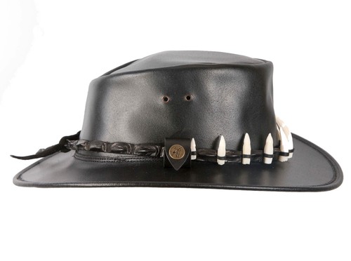 Black Australian Jacaru Outback Leather Hat 11 Crocodile Teeth Crocodile Dundee - Picture 8 of 10