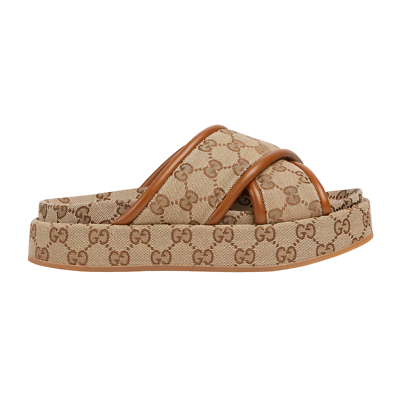 GUCCI $790 Beige/Dark Brown GG Canvas Platform Sandals New
