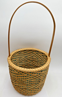 Handmade 21  Basket Wood Handle Teal/Natural Vintage Signed Dated 2001 VGC