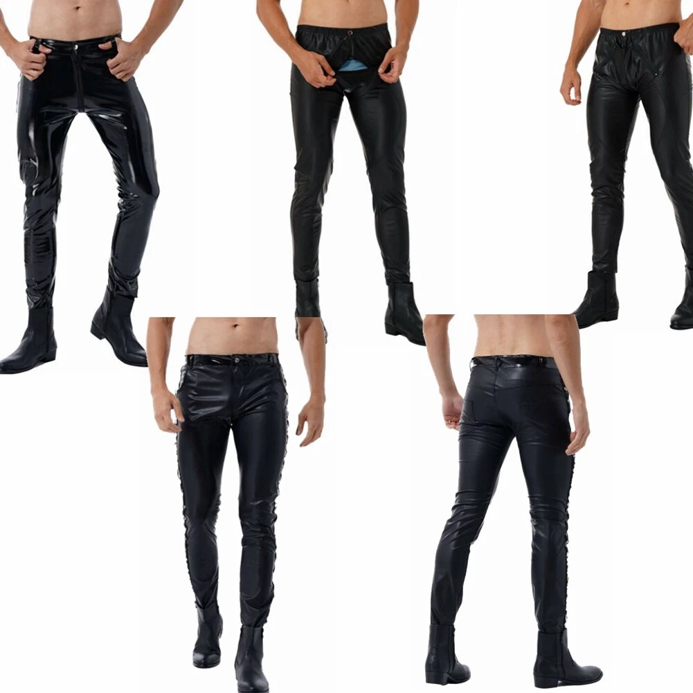 Men's Faux Leather Shiny Pants Tight Low Waist Trousers Rock Punk Party  Clubwear